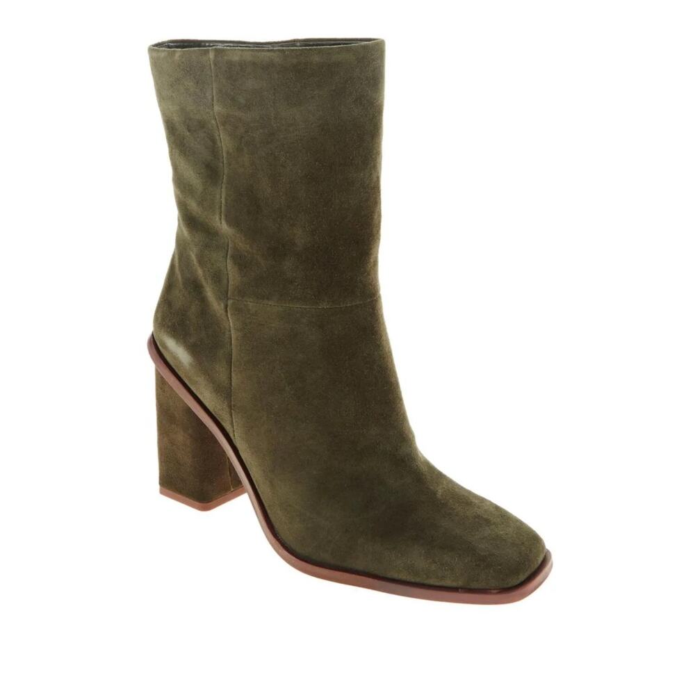 NWB Vince Camuto Dantania Suede Mid Calf Heeled Boots Greek Olive Womens Size 9